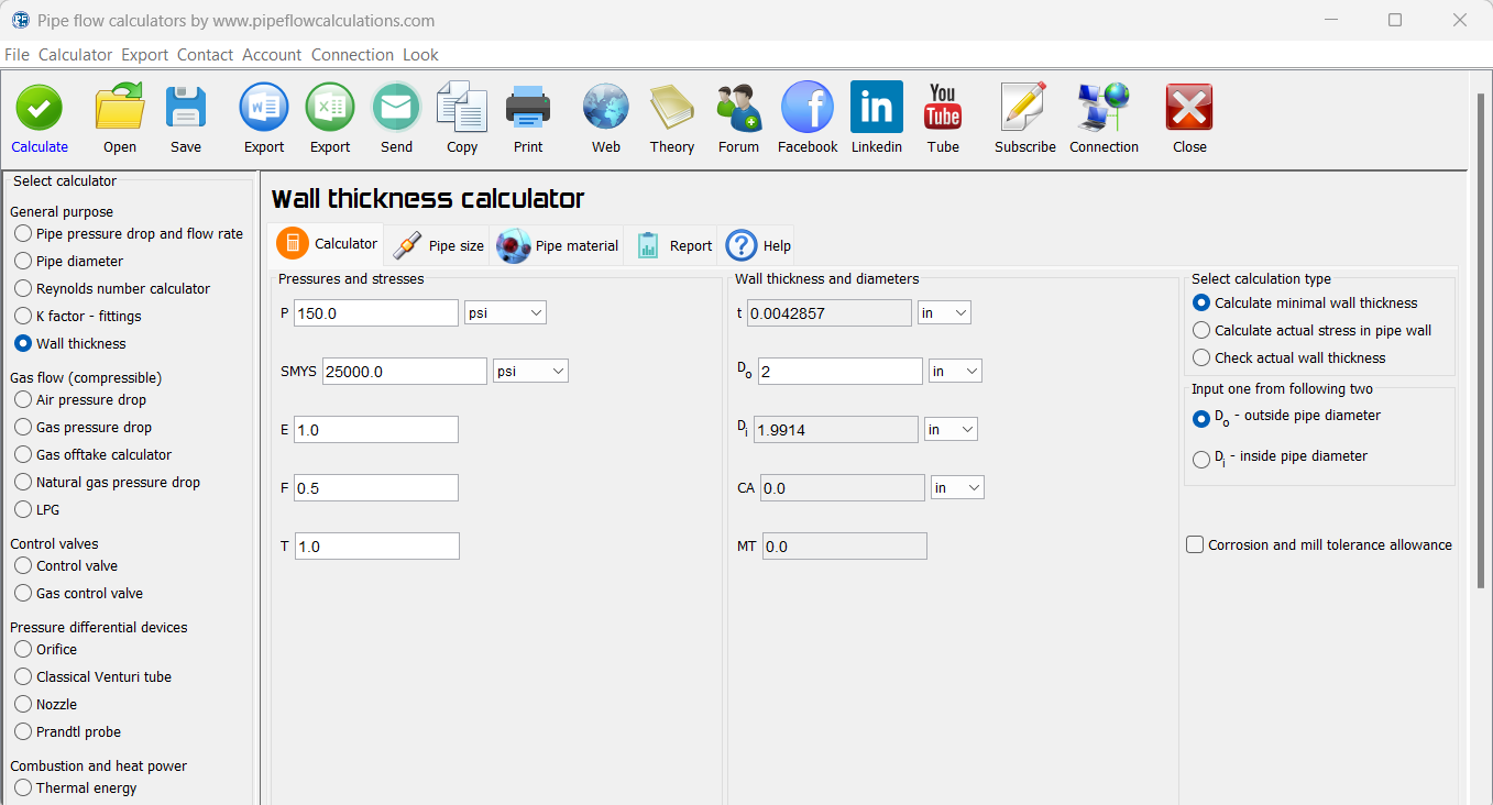 Pipe wall thickness calculator