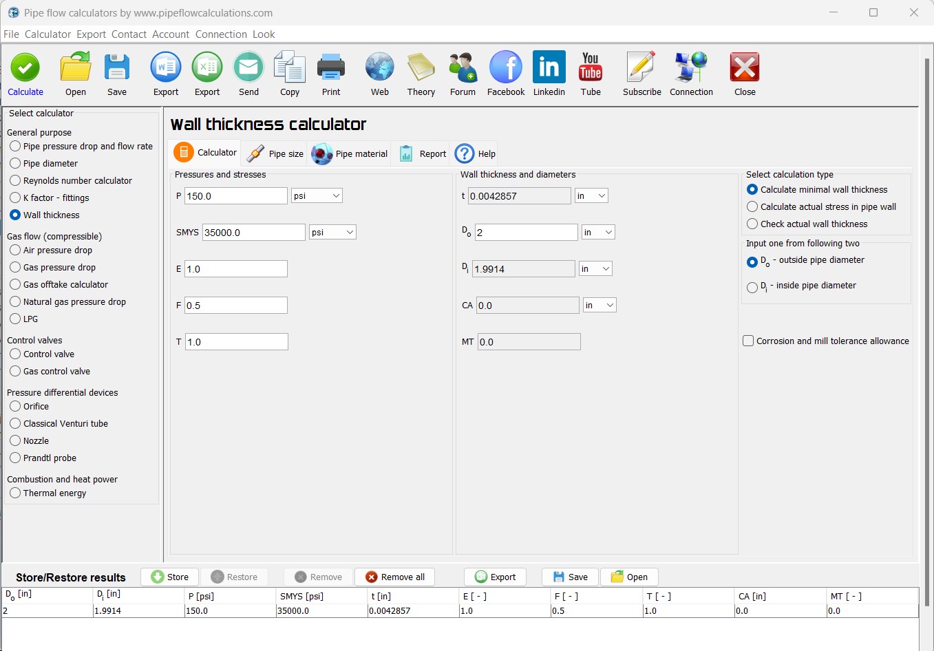 Pipe wall thickness calculator